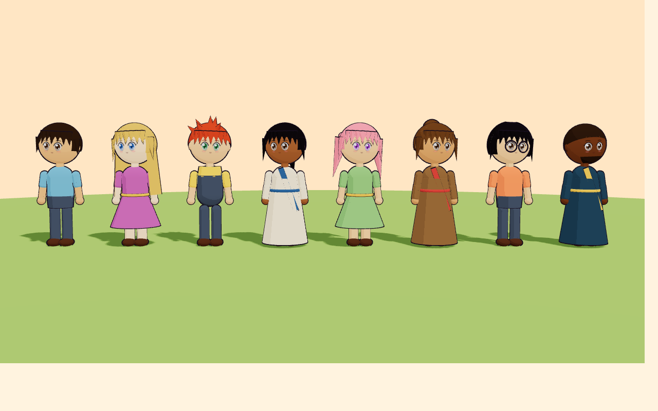 A row of MyWorld anime characters in robes, dresses and everyday clothes