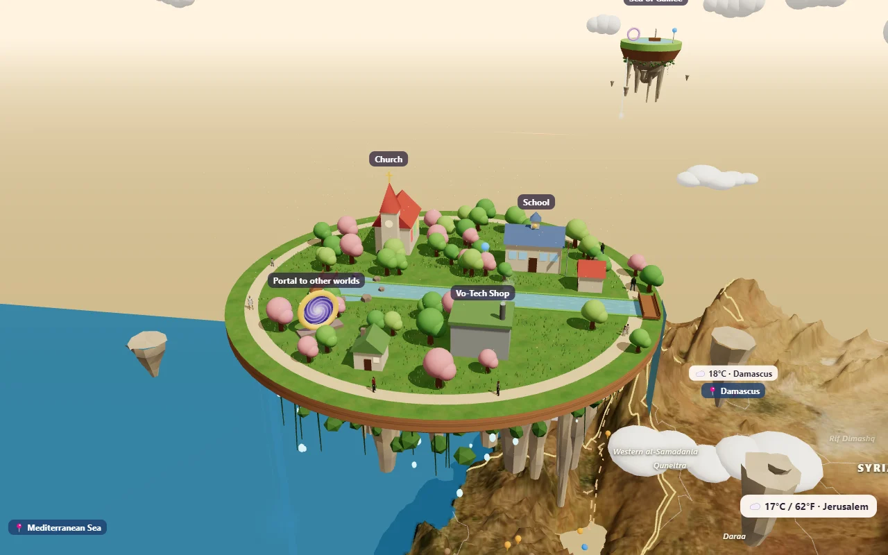 The floating island of Ekklesia above the real Bible lands, with a church, school, vo-tech shop, river, waterfall and a glowing portal
